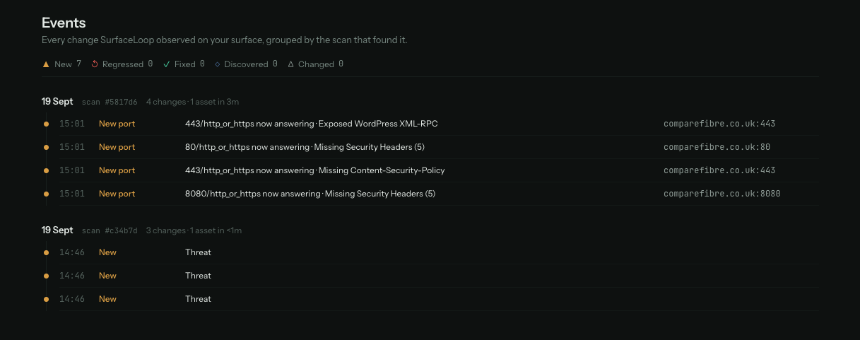 The SurfaceLoop Events page: every observed change, grouped by the scan that found it.